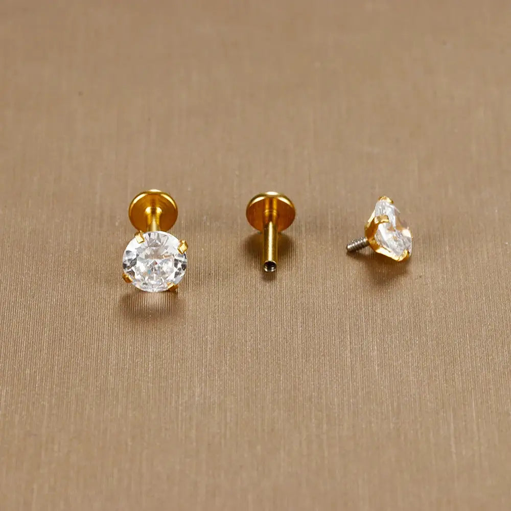 2pc labret tragus stud earrings, 16G surgical stainless steel with clear CZ crystals, gold-tone