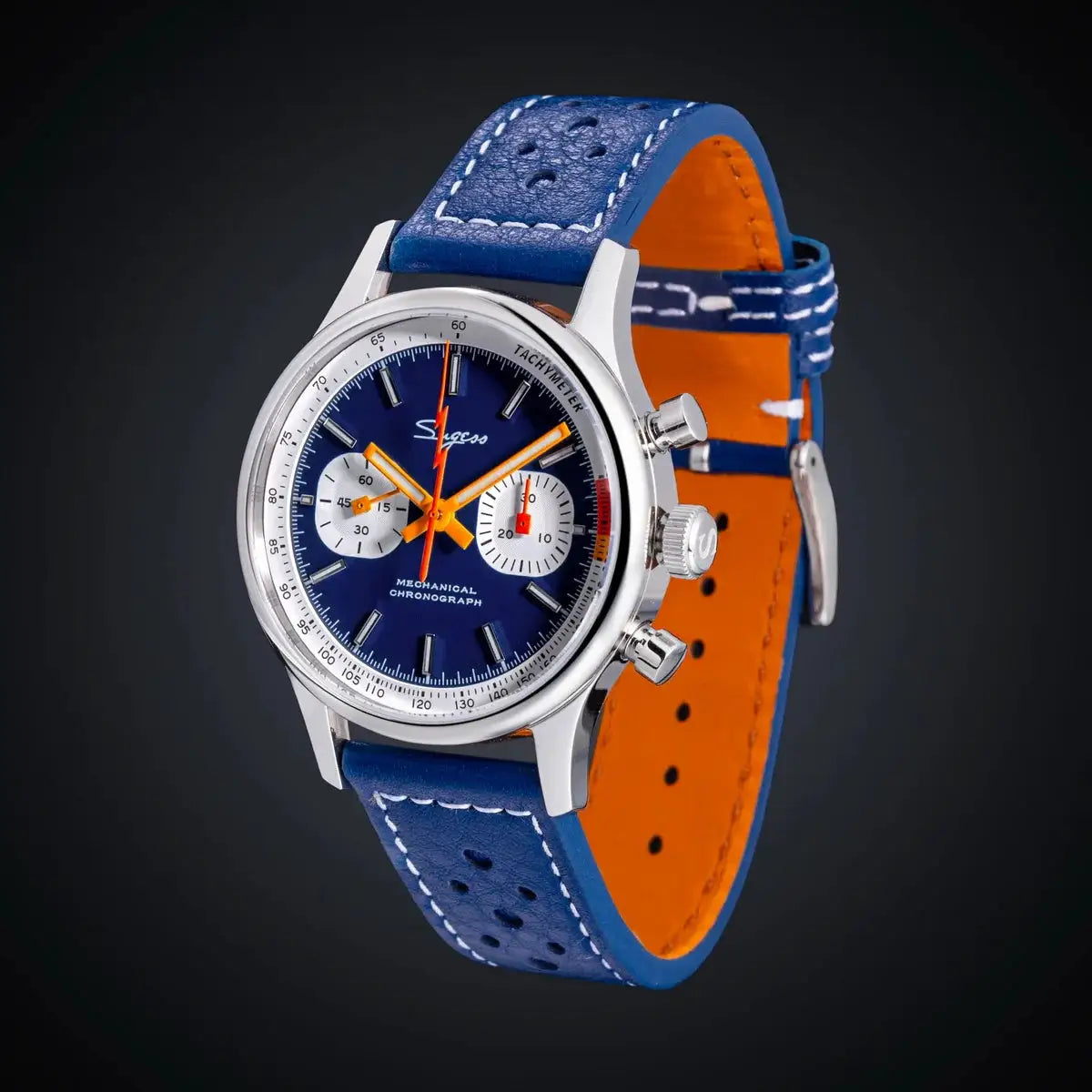 Sugess men's chronograph wristwatch with blue dial, orange hands, white subdials, and blue leather strap.
