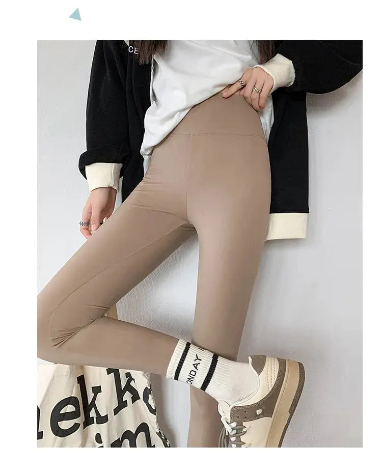 BIVIGAOS brushed shark leggings for women, nude beige, high-waist seamless