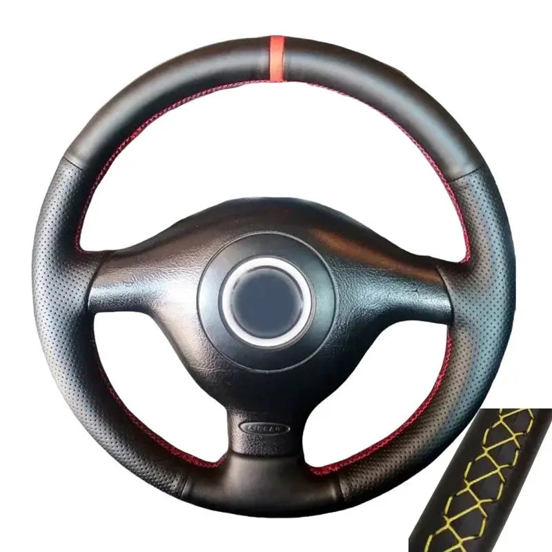 Steering wheel cover, non-slip black leather with red braided stitching