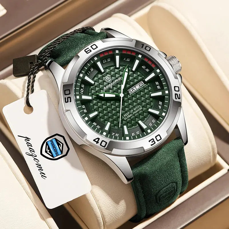 PAAZOMU watch by Simples Market, green textured dial, stainless steel case, green strap.