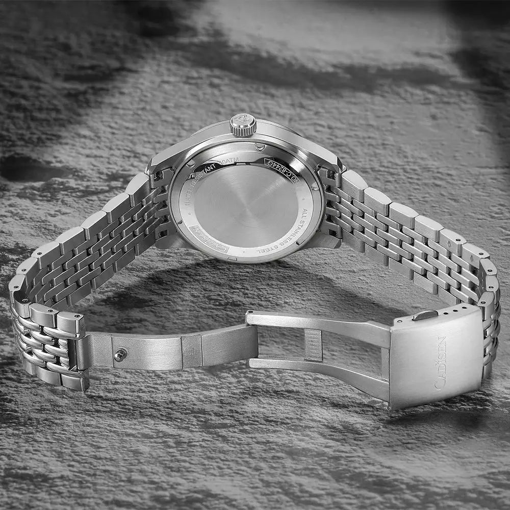 CADISEN men's stainless steel automatic watch with linked bracelet and deployment clasp