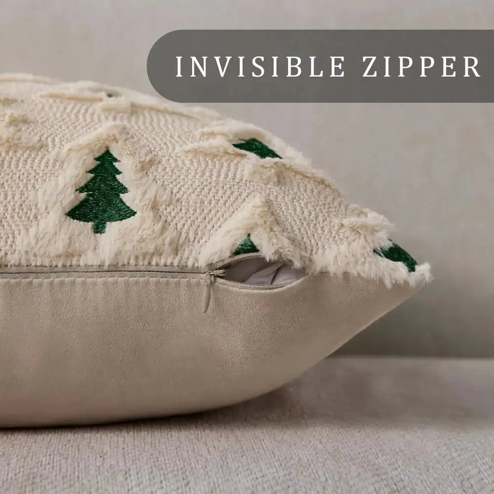 Pillow cover 18x18 cream faux-fur with green Christmas tree pattern