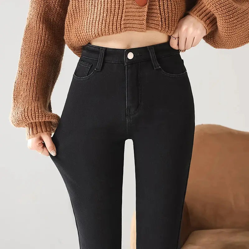 Women Thermal Jeans Fleece Lined Warm Stretch Slim Fit Pants Korean