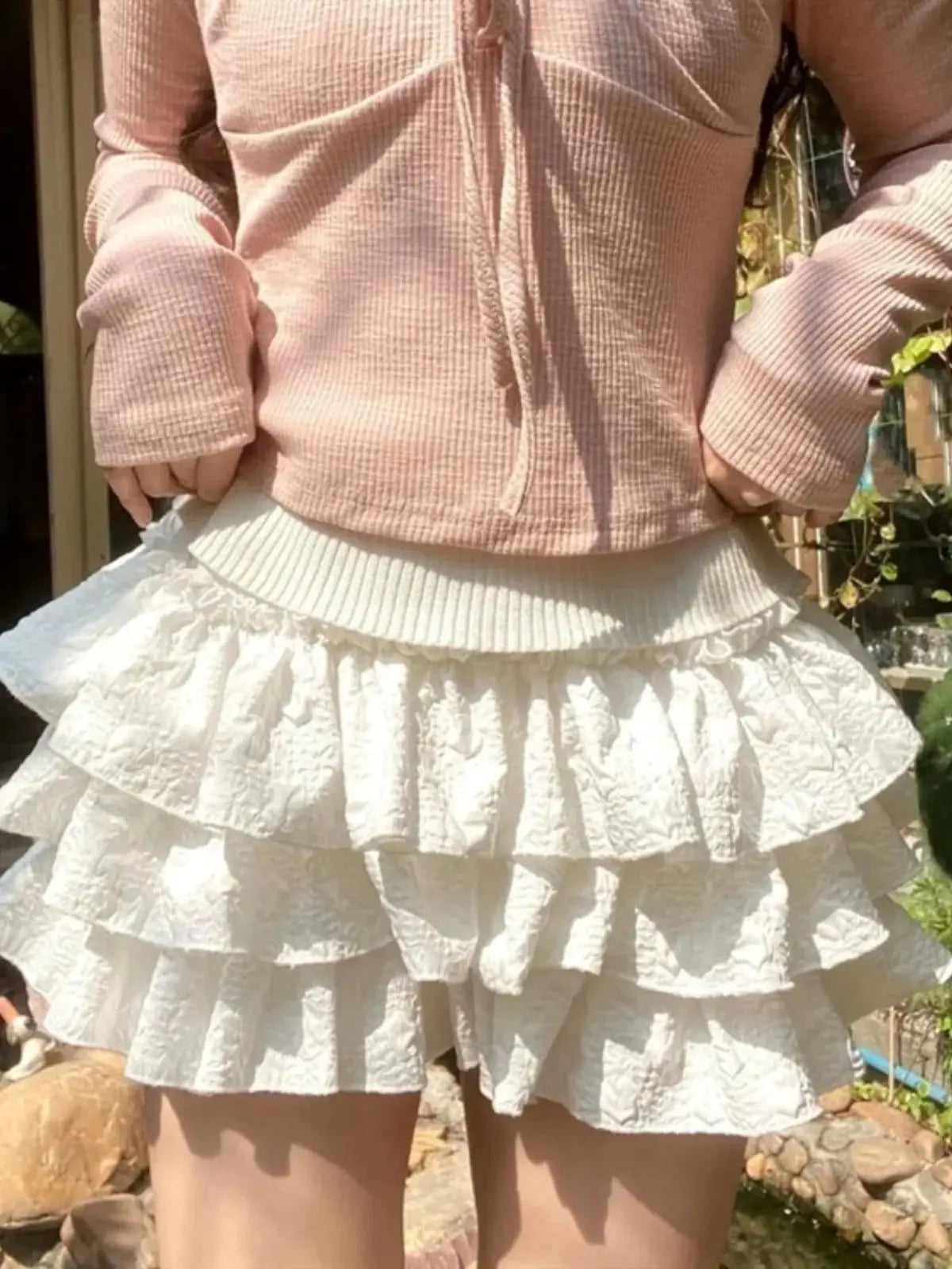 Kawaii ball gown short skirt; two-piece Lolita outfit with pink knit top and white layered ruffle cake skirt