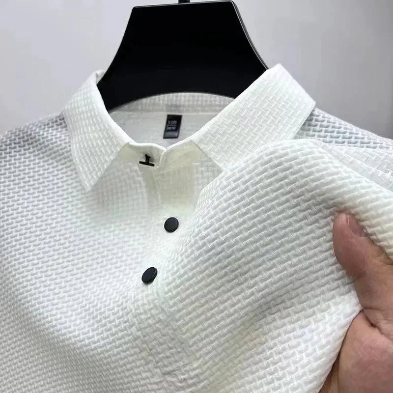 Men's bone-white textured polo shirt by Simples Market, breathable short-sleeve casual top.