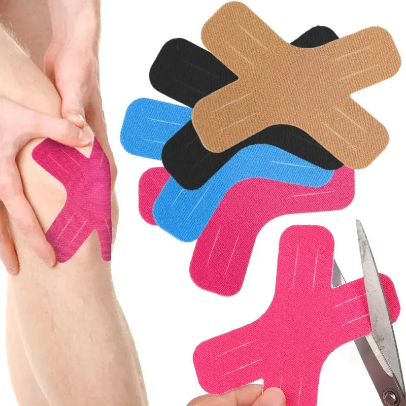 Kinesiology tape strips by Simples Market in pink, blue, brown, and black for knee, shoulder and elbow support