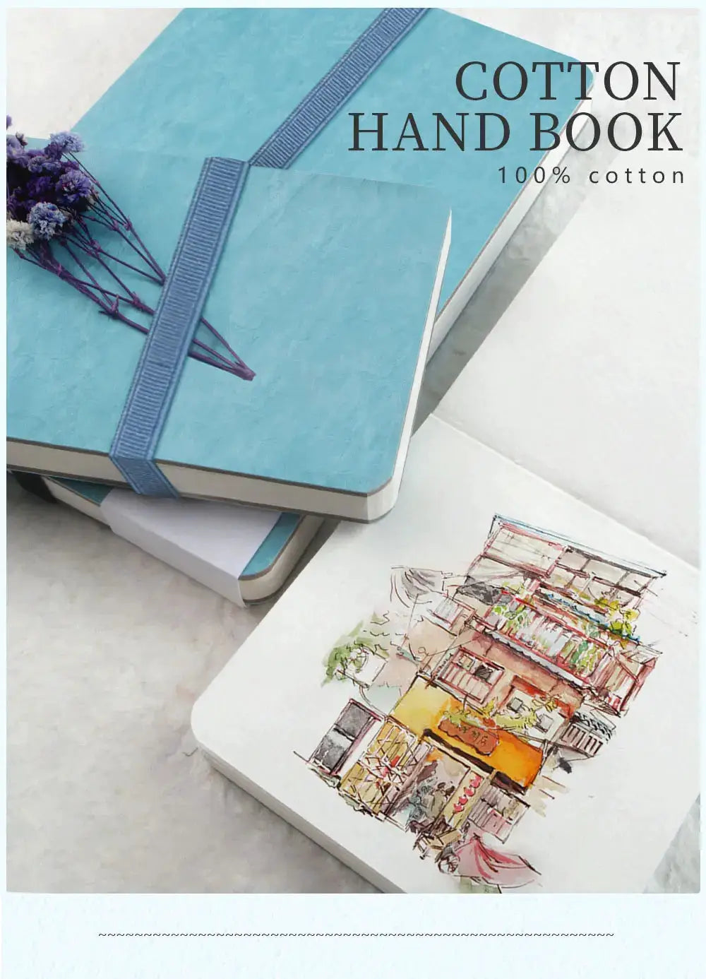 Potentate blue watercolor journal notebook with elastic strap; 100% cotton 300gsm art sketch pad