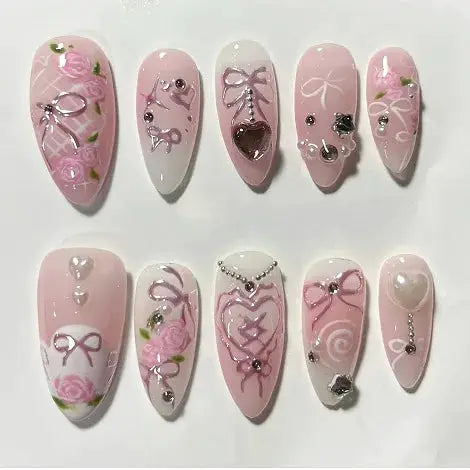 Glamora French Almond False Nails 24 Piece Press On Stiletto Tips With White Edge Design Glue Included For Wearable Glam