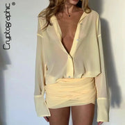 See Through Mini Dress With Flare Sleeves Ruched Bandage Club Party