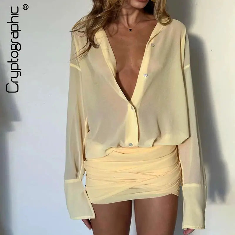 See Through Mini Dress With Flare Sleeves Ruched Bandage Club Party