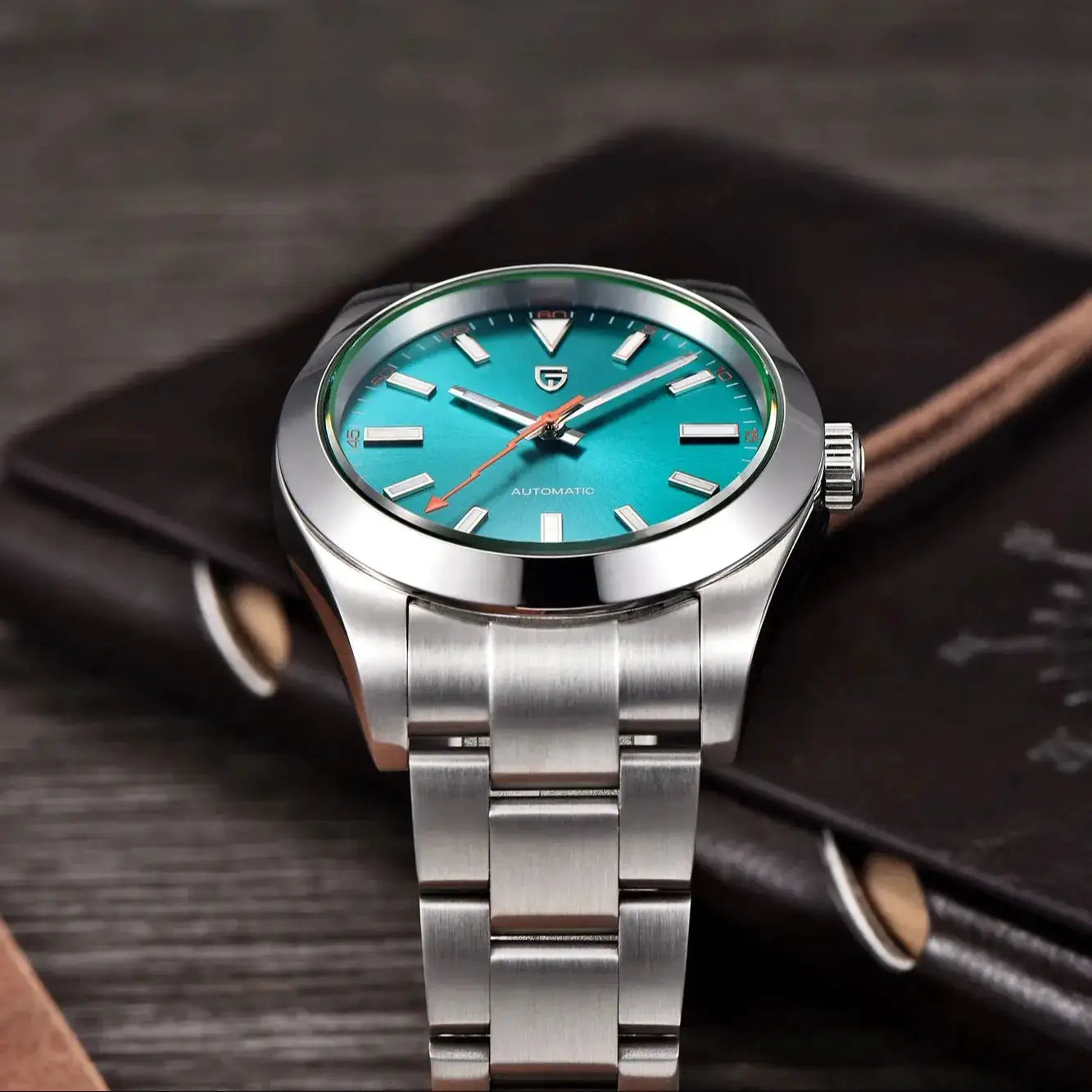 PAGANI DESIGN men's automatic watch with teal dial and stainless steel bracelet