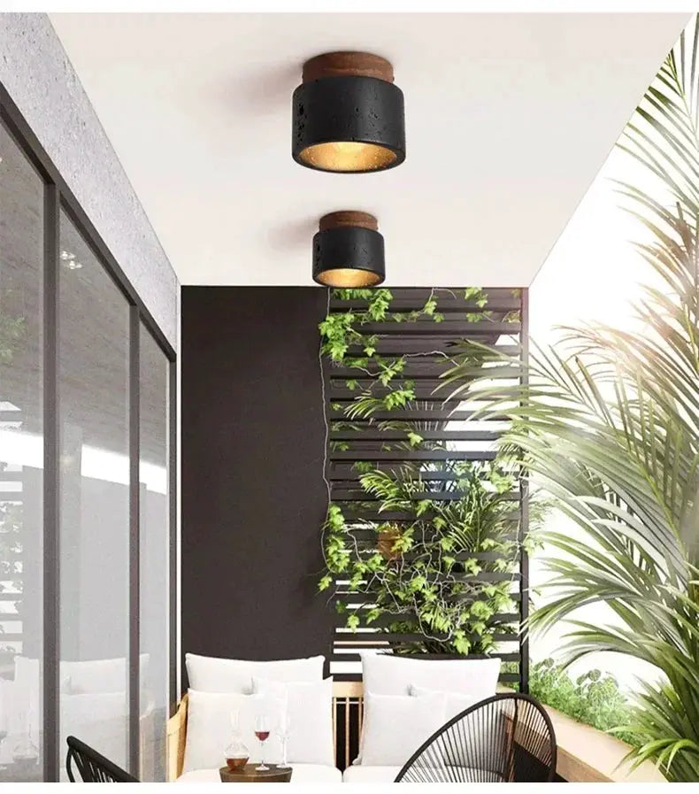 Ceiling lamp, black cylindrical stone-textured outdoor light for porch balcony, 2 shown