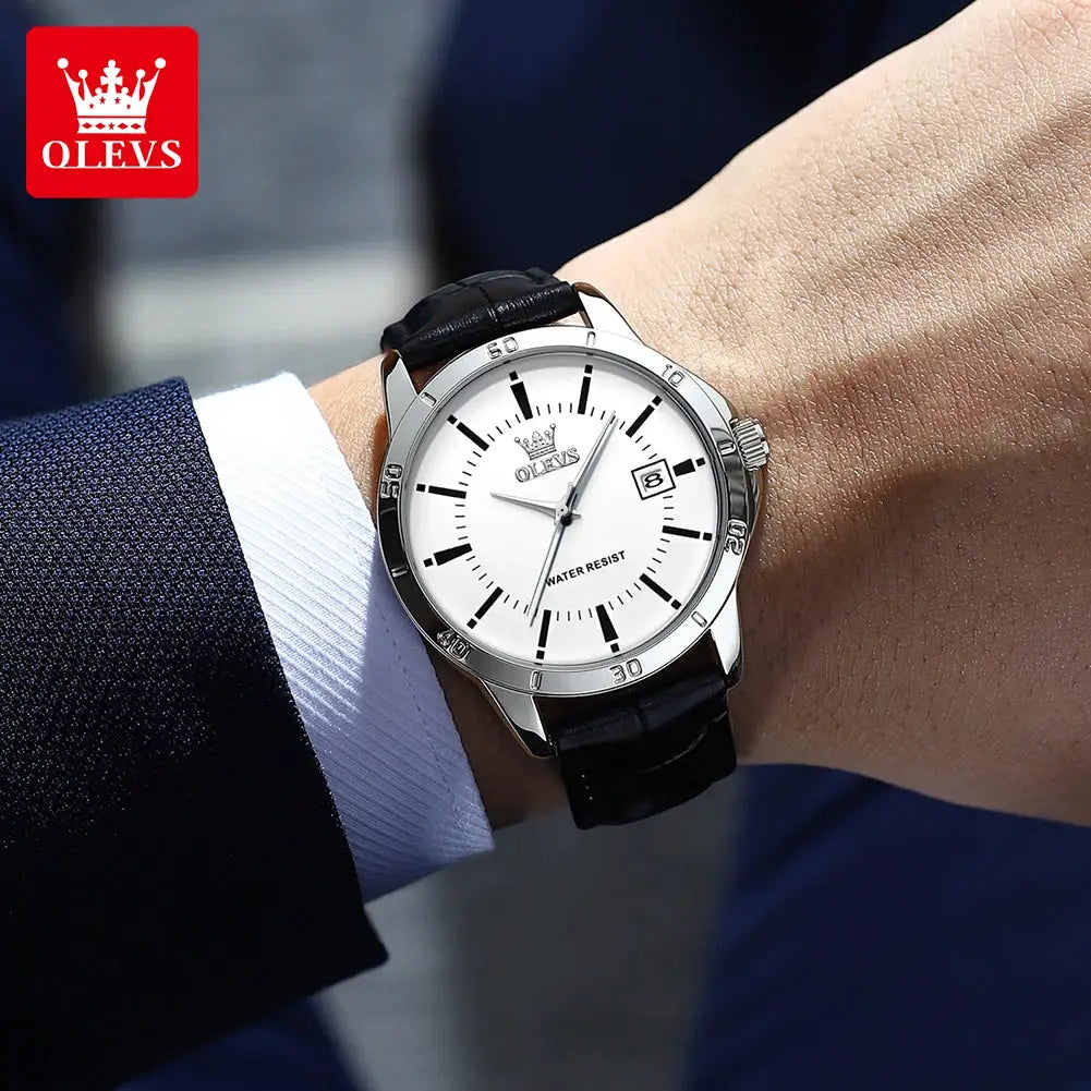 OLEVS men's watch with white dial, black leather strap, silver bezel, date window, water resistant