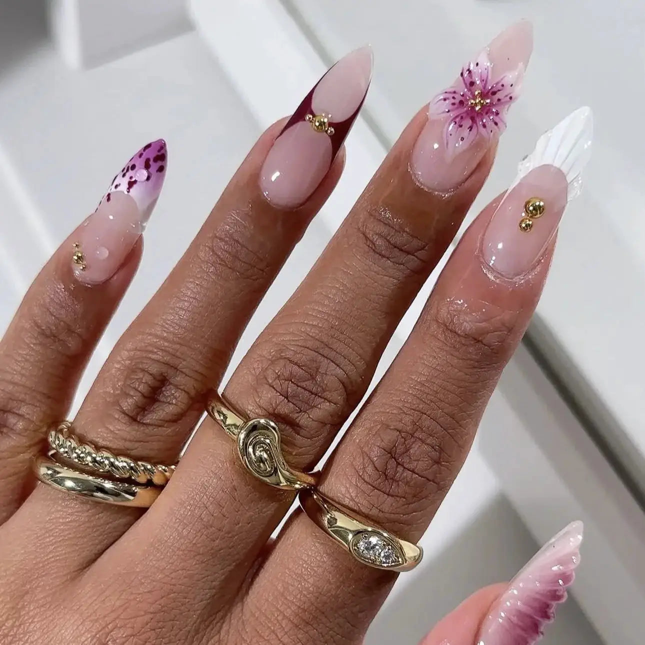GlamNail Pink Almond Press On Nails Full Coverage Carved Flower 3D Ripple French Tips Golden Pearl Finish