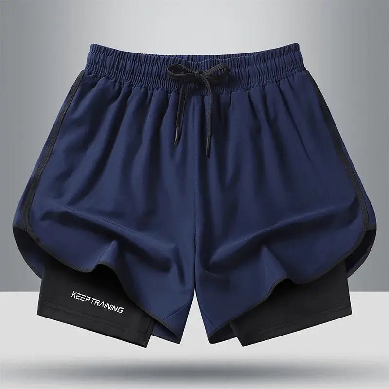 Men's navy quick-dry running shorts with black inner liner, dual-layer design and drawstring waist.