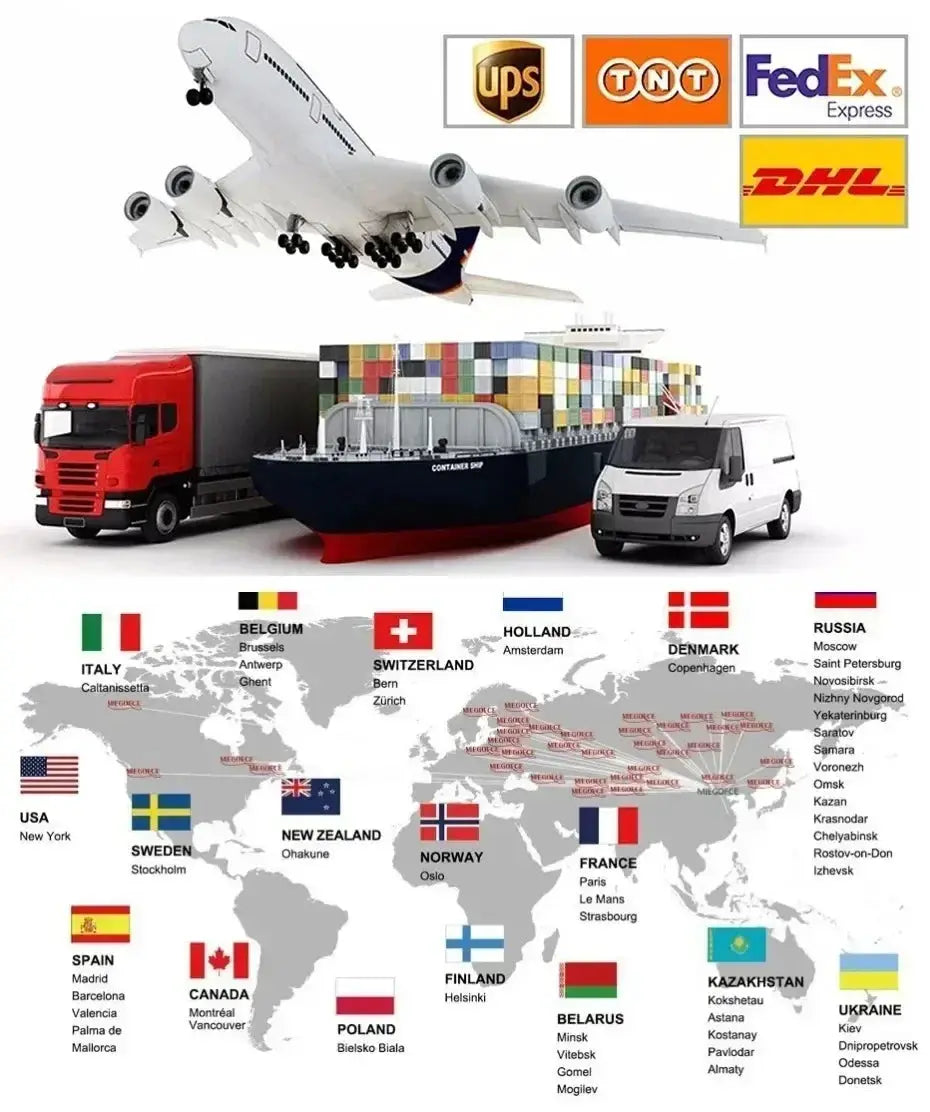 Global shipping infographic showing airplane, cargo ship, trucks and a world map with flags
