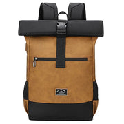 Waterproof PU leather roll-top backpack by Simples Market, tan body with black bottom, front zip pocket and logo patch