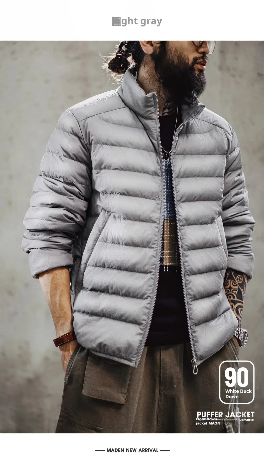 Men's light gray puffer jacket with stand-up collar, zip front, quilted with white duck down filling