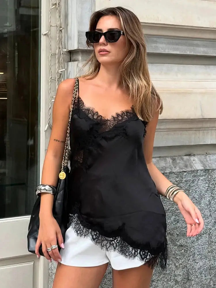 Sexy Women Asymmetrical Lace Slip Tops Backless Sleeveless Off Shoulder Beachwear With Elegant Lace