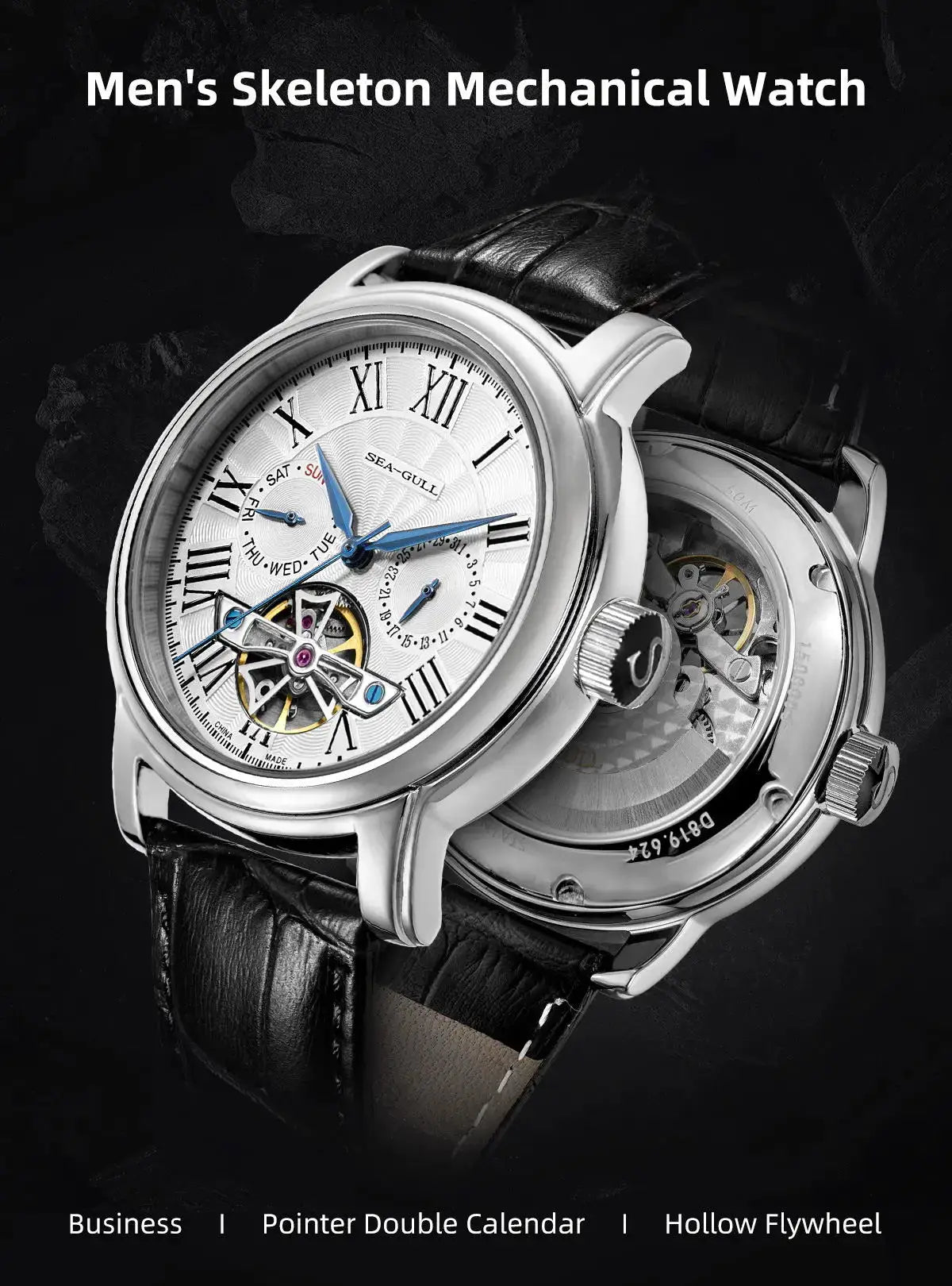 Men's skeleton mechanical wristwatch with Seagull ST25 movement, hollow flywheel, black leather strap