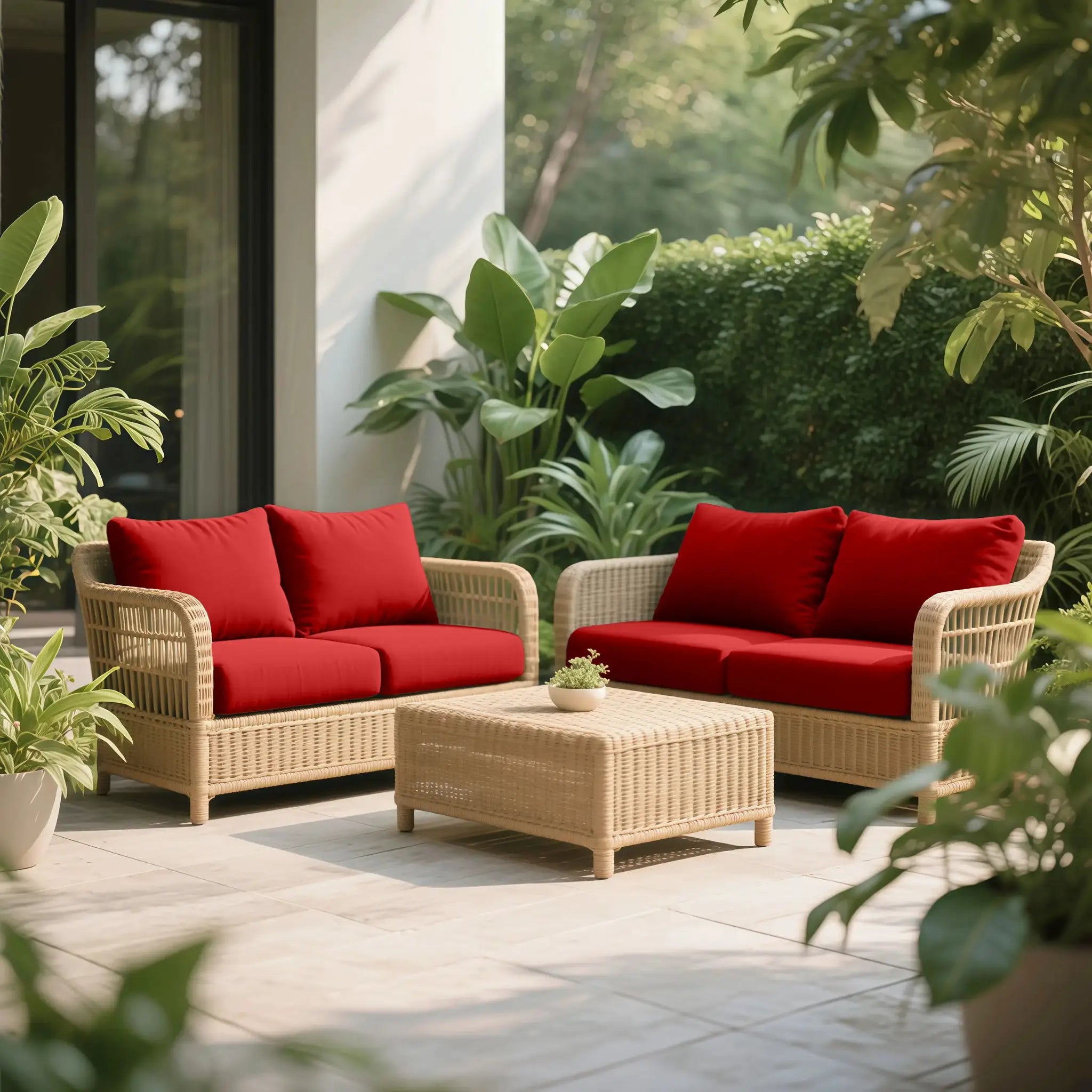 Solid milk silk elastic sofa cover on outdoor wicker sofa set with red cushions