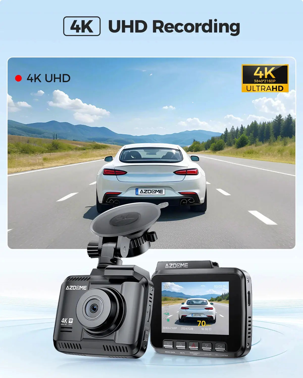 AZDOME GS63H dash cams (2) 4K with GPS WiFi, night vision, shown on highway