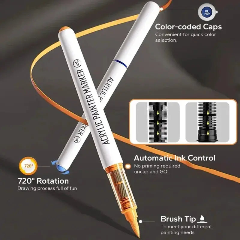 9-piece acrylic brush pen set with color-coded caps and automatic ink control for drawing and painting
