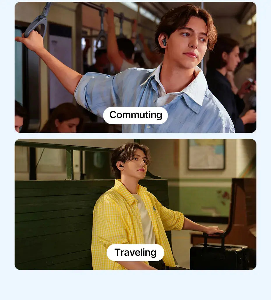 Baseus Bass EP10 Ultra Wireless Earphones, black earbuds, shown during commuting and traveling in transit scenes.