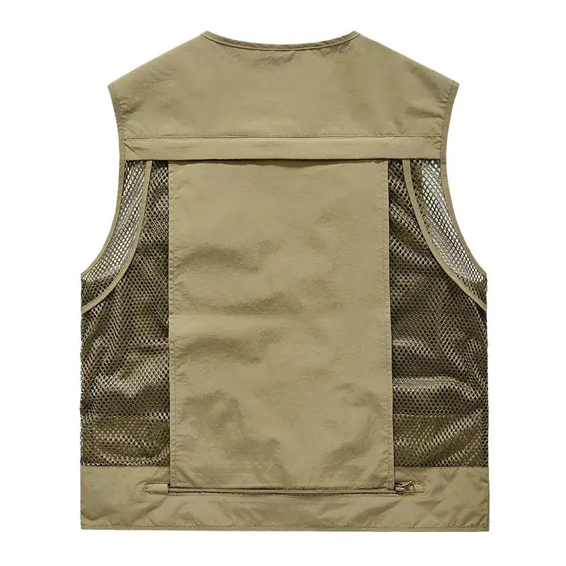 Men's outdoor mesh vest with multiple pockets, khaki color, sleeveless climbing style