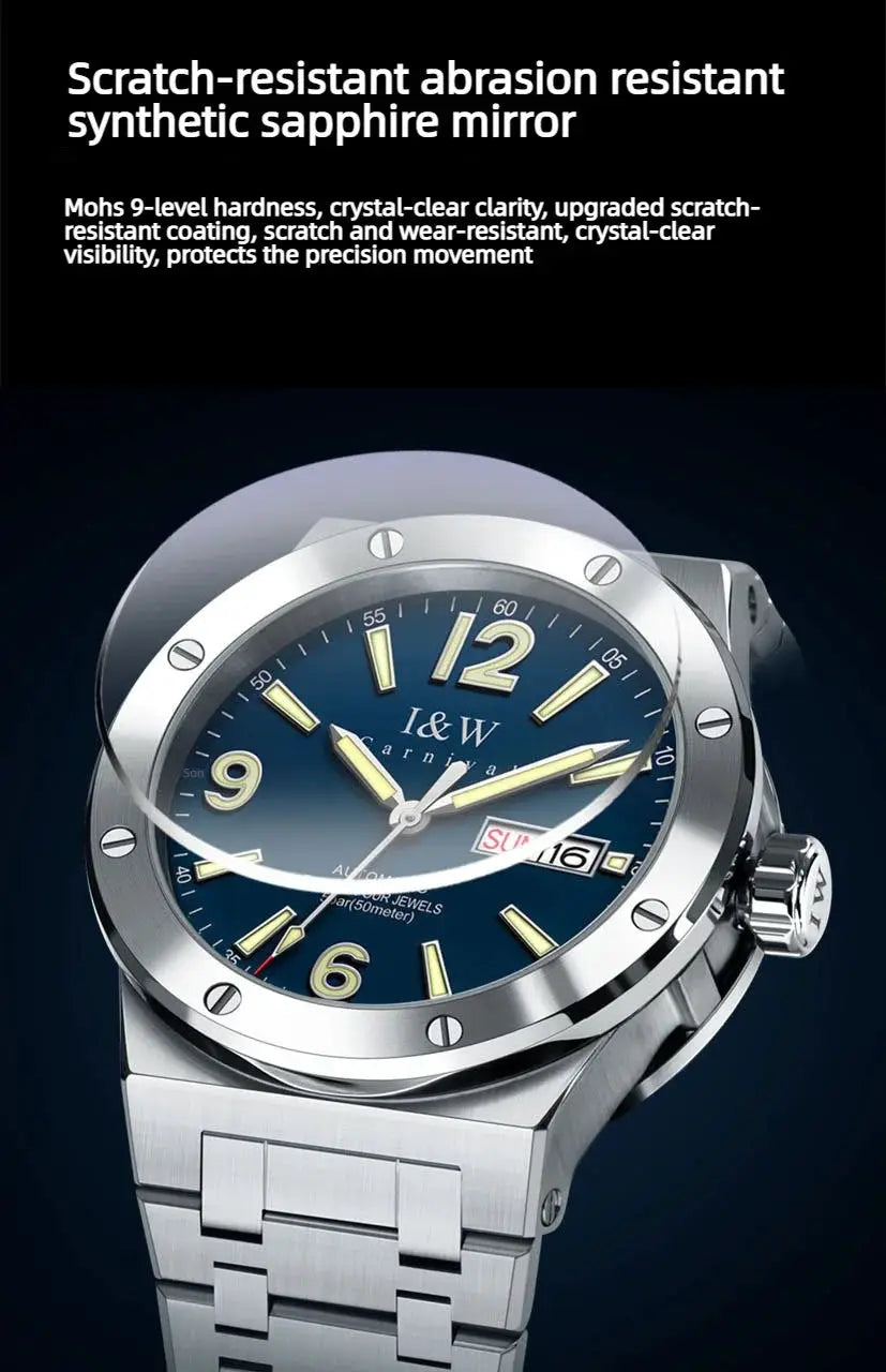 Carnival IW high-end sapphire mechanical watch with blue dial and stainless steel case and bracelet.