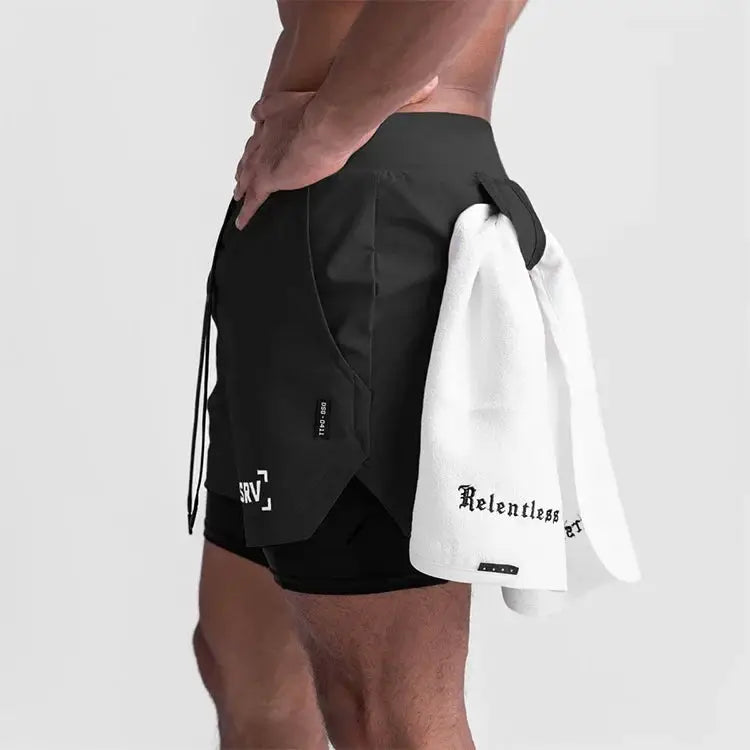 ASRV men's quick-dry 2-in-1 double-deck shorts, black with ASRV logo
