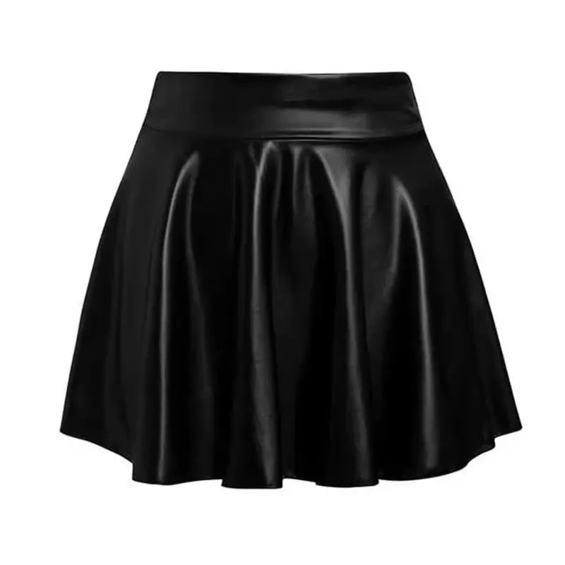 Black faux leather mini skirt, high-waisted with elastic waistband