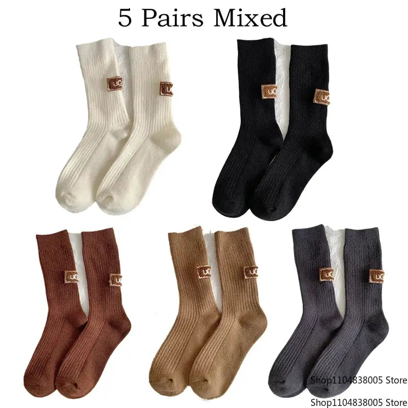 LuxWool Women Luxury Cashmere Wool Mid Calf Socks With Embroidered Logo For Snow Boots Thick Pile Warmth