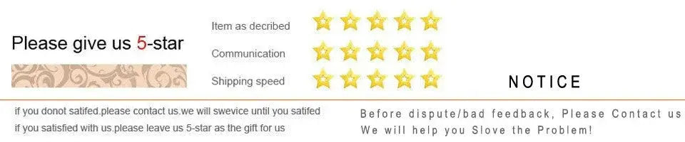 Notice banner urging 5-star reviews with rating stars; decorative left pattern.