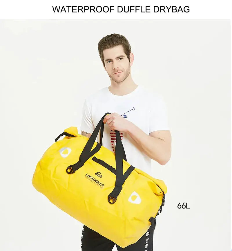 Waterproof duffle bag 66L yellow with black straps for outdoor adventures by Simples Market