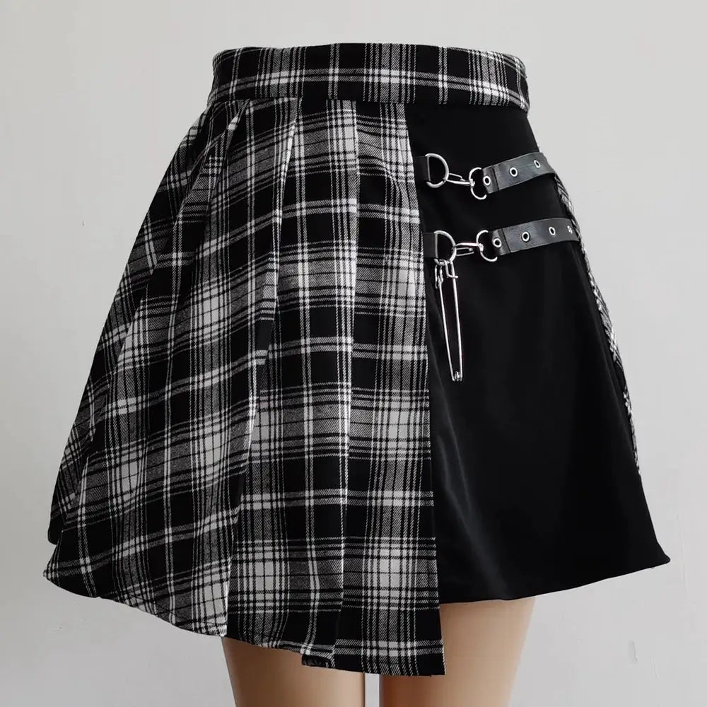 Gothic plaid pleated mini skirt high-waist with black panel and silver buckle straps