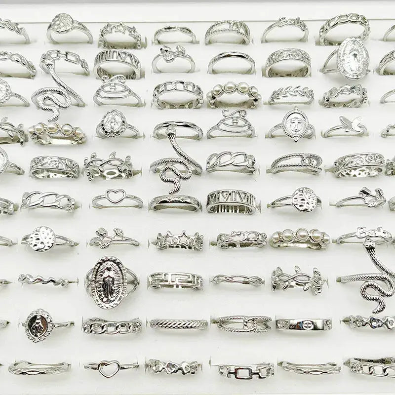 30Pcs Mix Pearl Silver Rings Set With Animal Snake Chain Hollow Leaf Butterfly Flower Gift For Girls Women Jewelry