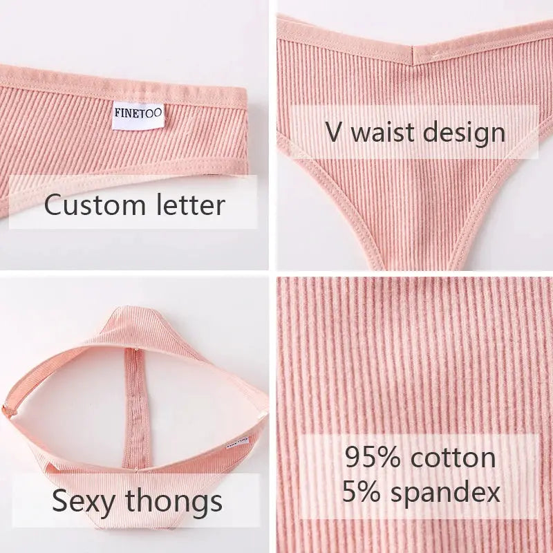 3-pack pink cotton thong underwear set with low-rise V-waist, Finetoo label; 95% cotton 5% spandex