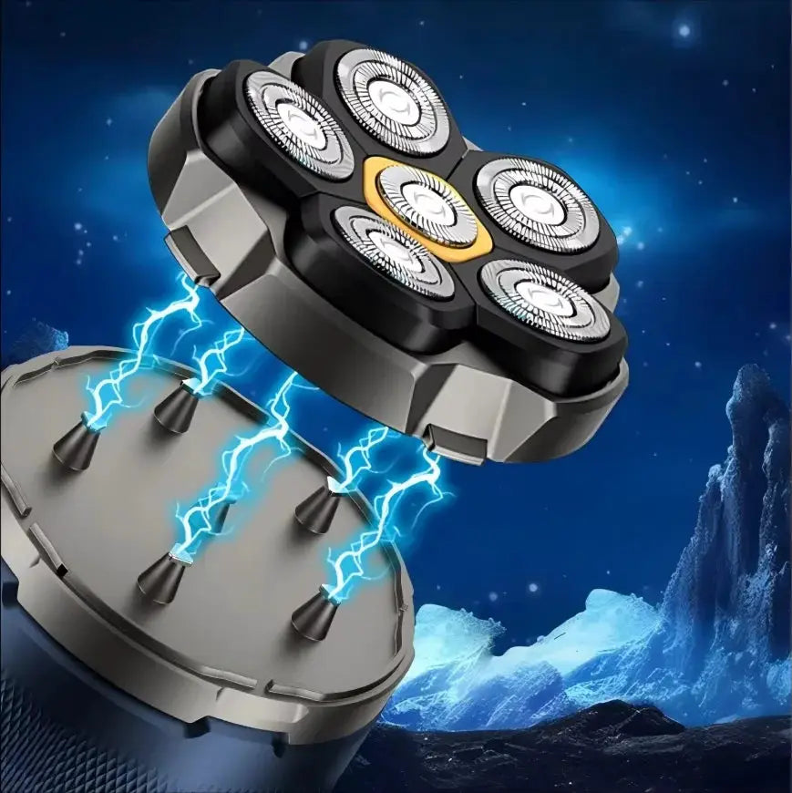 HOMEFISH electric head shaver, six-rotary blades, black and silver