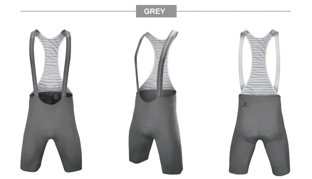 Simples Market DAREVIE grey men's cycling bib shorts with striped bib straps, shown in front, back and side views