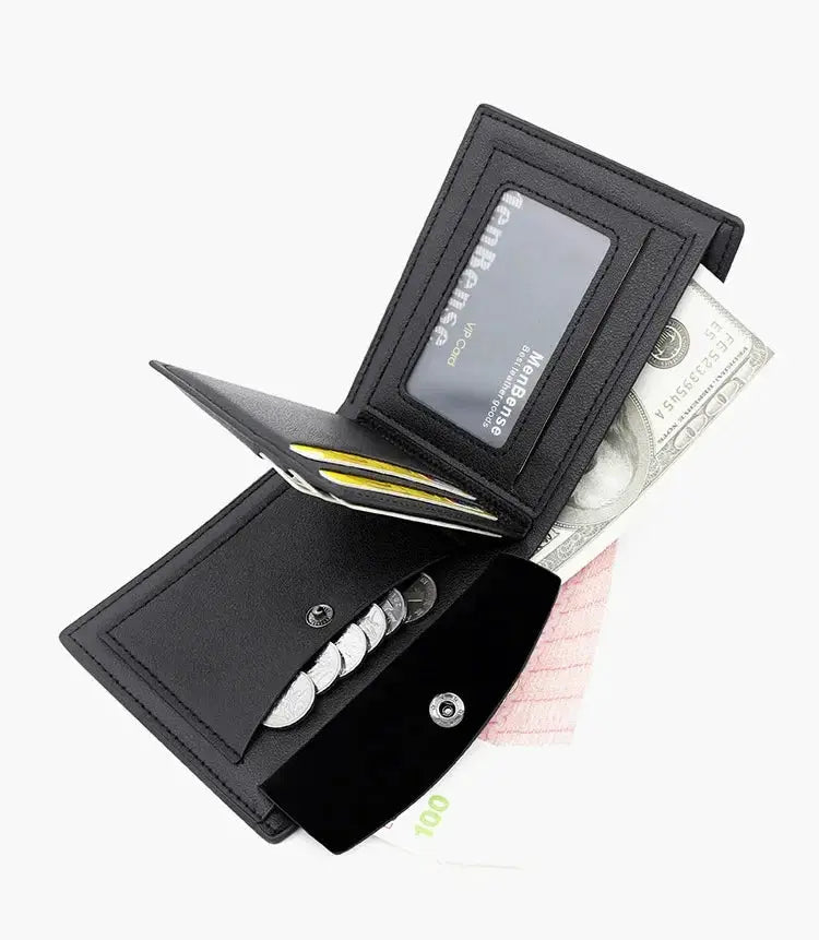 Men's black PU leather short bifold wallet with zipper coin pocket by Simples Market