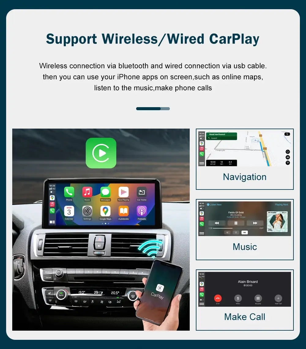 Simples Market wireless CarPlay/Android Auto multimedia display for BMW 1/2/3/4 Series (F20–F33), 10.25–12.3 inch screen