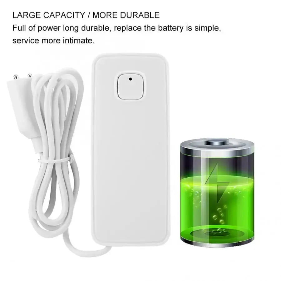White smart flood leakage sensor kit with detector, power cable, and battery illustration.