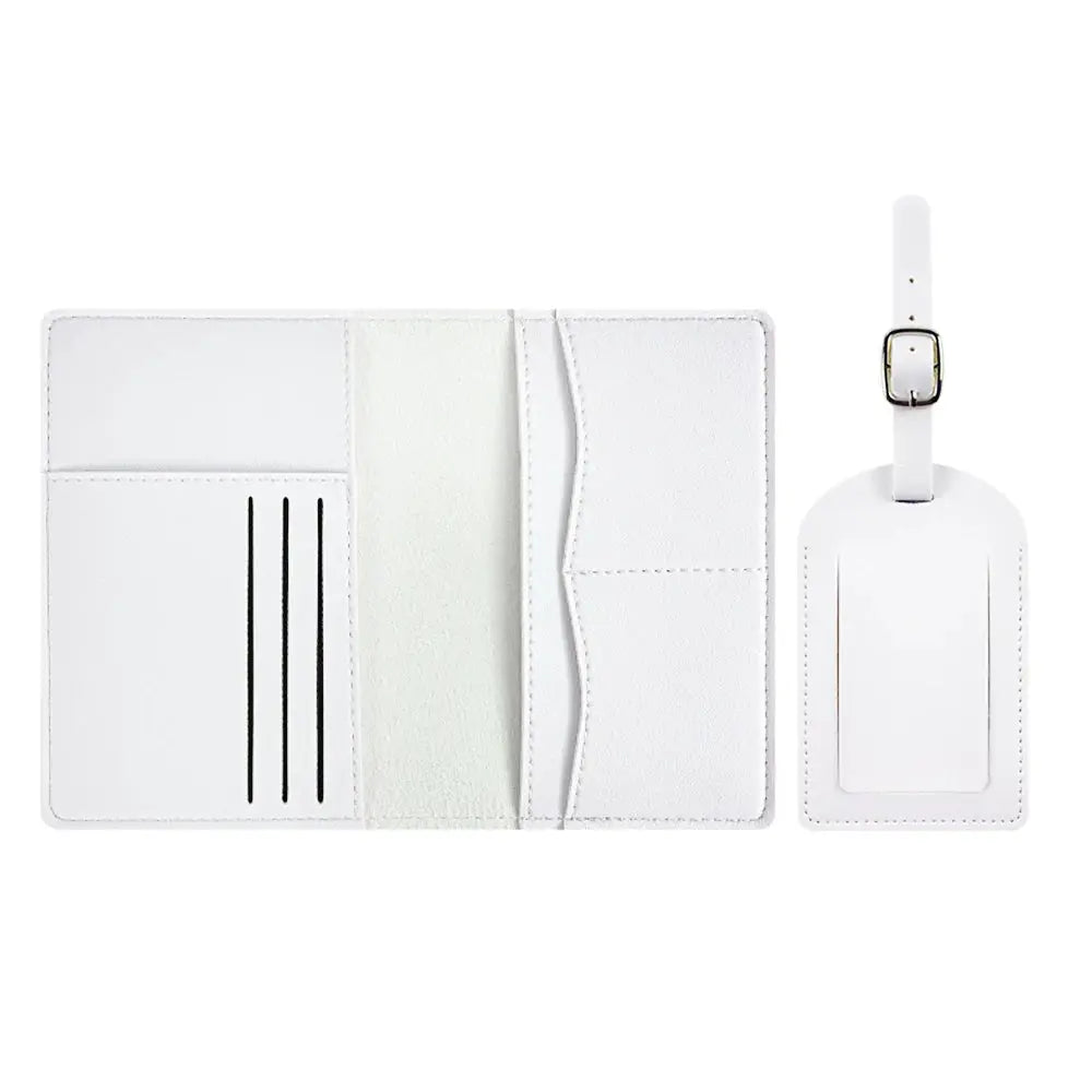 Simples Market white travel passport cover set with luggage tag; features card slots and passport holder