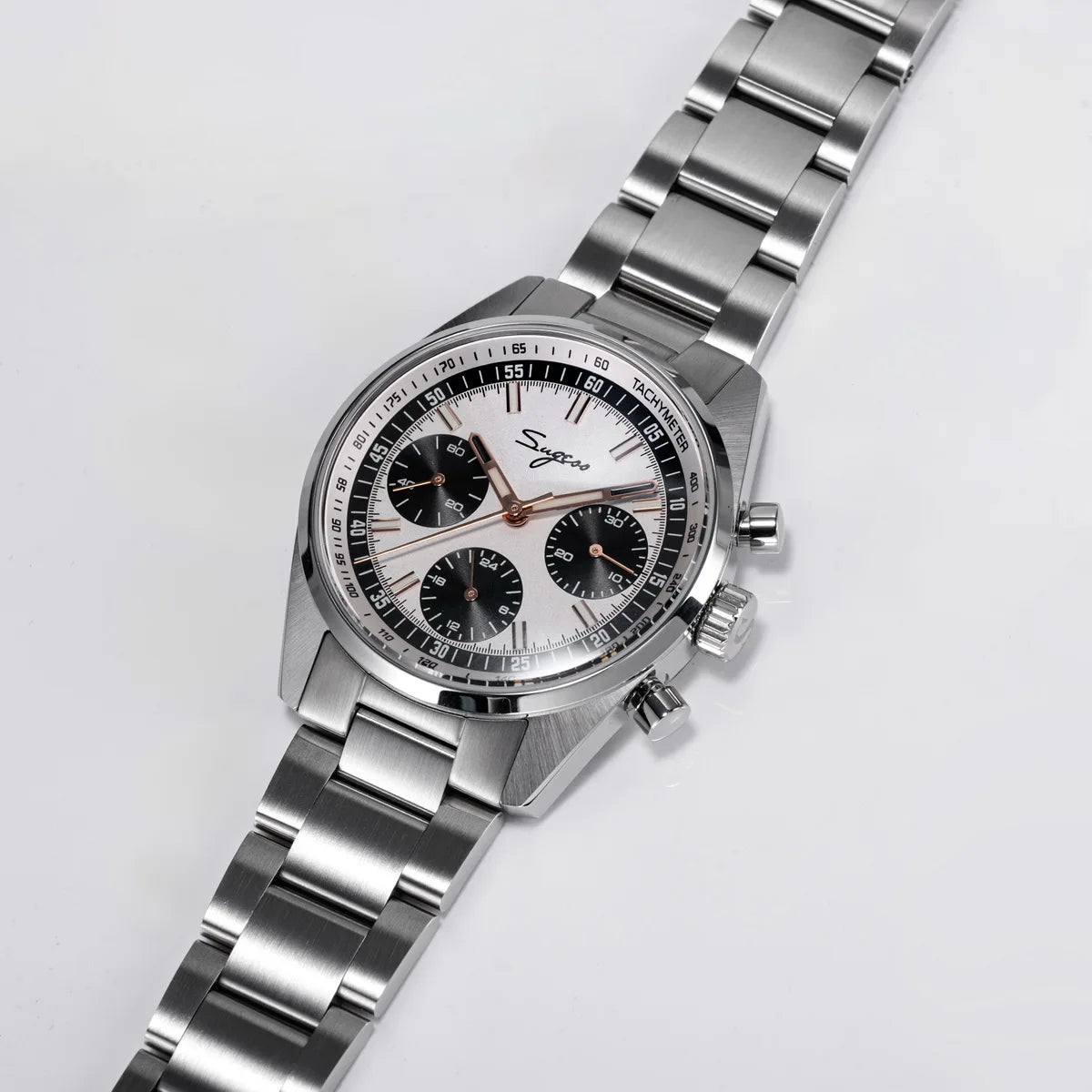 Sugess men's chronograph watch with stainless steel bracelet, white dial and black subdials