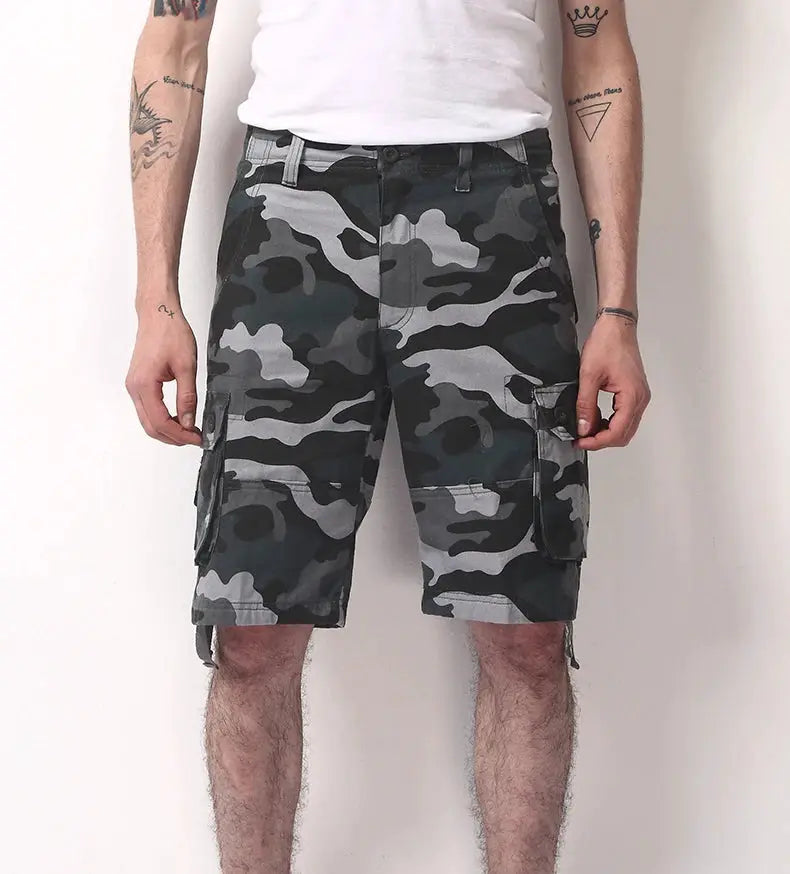 Men's camouflage cargo shorts in gray-green camo, cotton, with side pockets