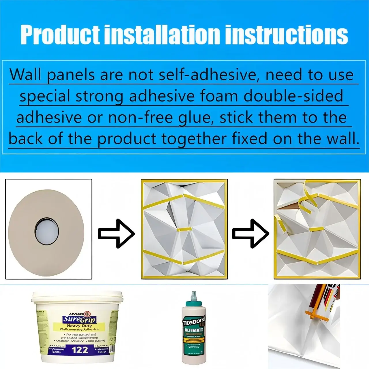 Simples Market 10pcs 30x30cm 3D geometric wall panels in gray and white with yellow trim; glue bottle shown