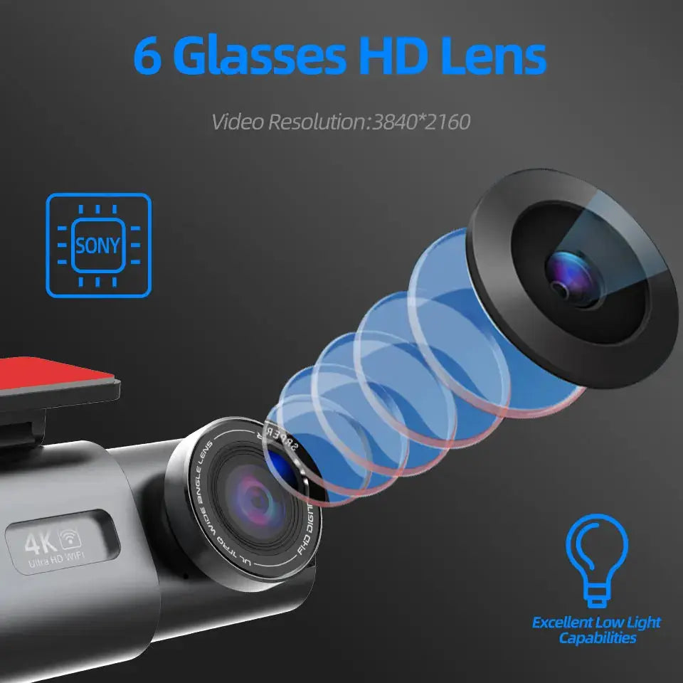 Dash cam 4K GPS WiFi with 6-lens HD optics, black, Simples Market
