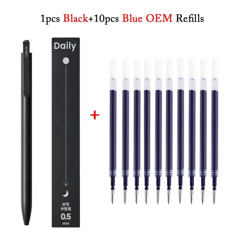 KACO gel pen with clip, black body, 0.5mm quick-drying ink; includes 1 pen and 10 blue refills
